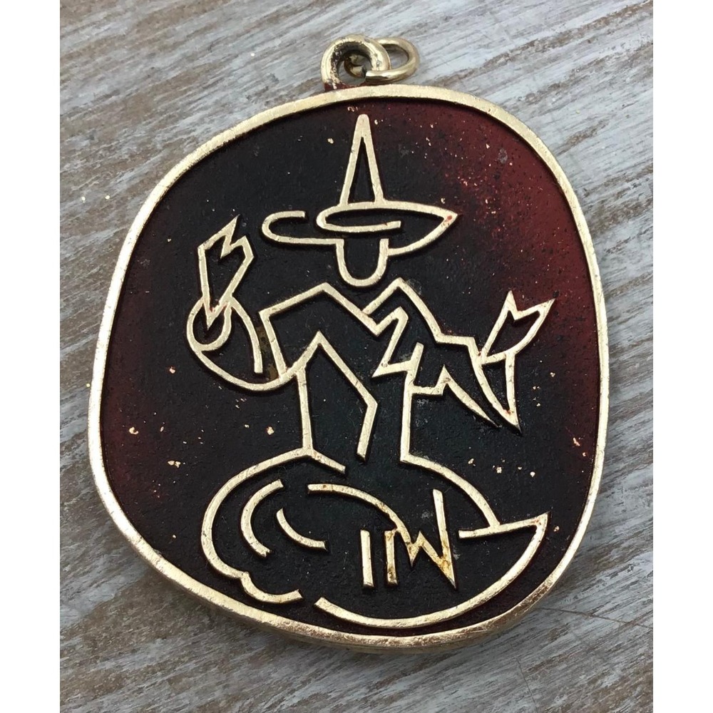 Vintage Mid Century Modern Witch Wizard Enamel Pendant Gold Tone Sorcerer IW